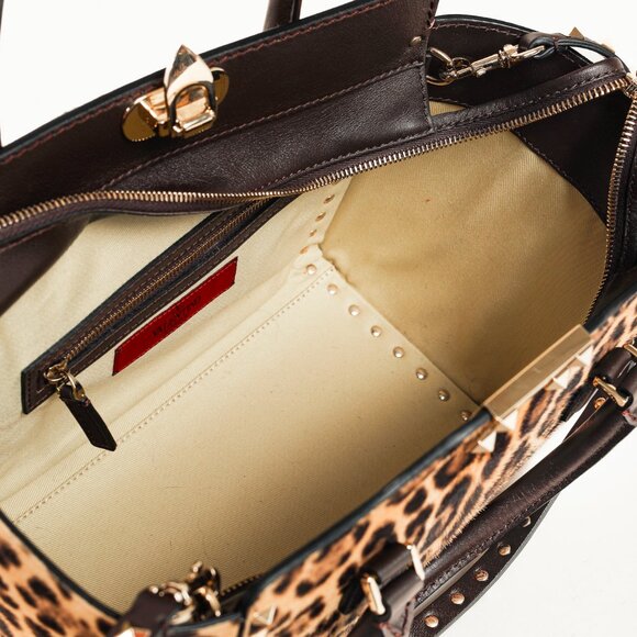 Valentino Brown Leopard Calf Hair Golden Rockstud Double Handle Tote - Picture 13 of 15